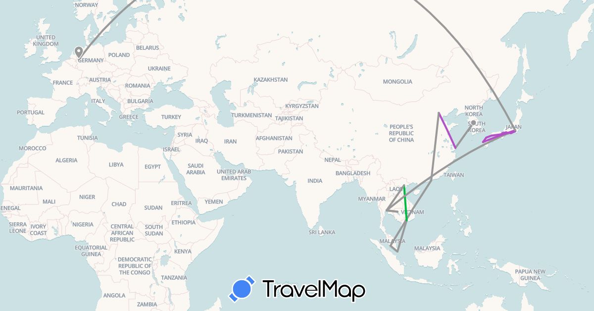 TravelMap itinerary: driving, bus, plane, train in China, Germany, Hong Kong, Japan, Cambodia, South Korea, Malaysia, Singapore, Thailand, Vietnam (Asia, Europe)